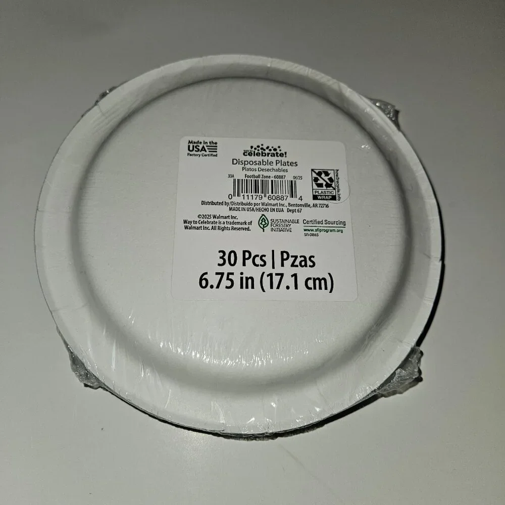 NEW 2 Pkgs Paper Plates Lot (30/pk) Football Touchdown Party Green White 6.75